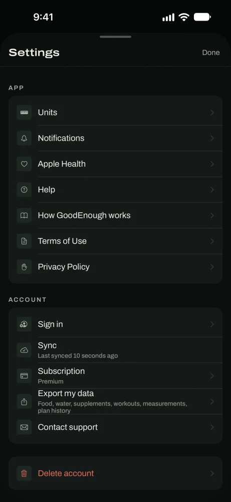 The Settings screen's Account section with Sync, Subscription, Export my data and Delete account.