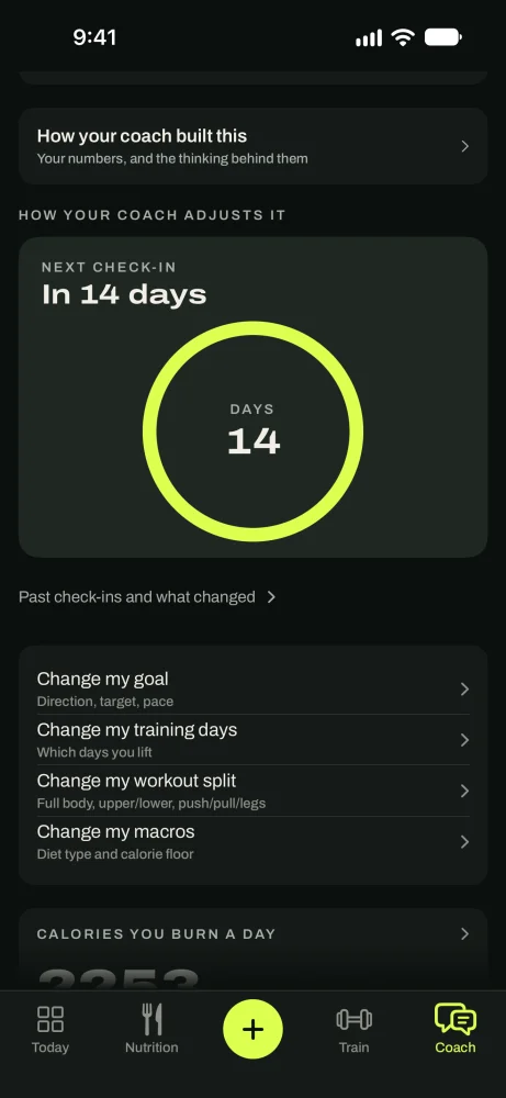 The check-in countdown card showing days to go, weigh-ins and days logged so far.