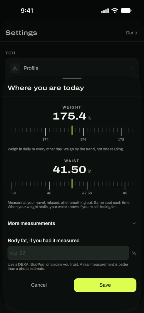 The body measurement sheet with weight, waist and more measurements.