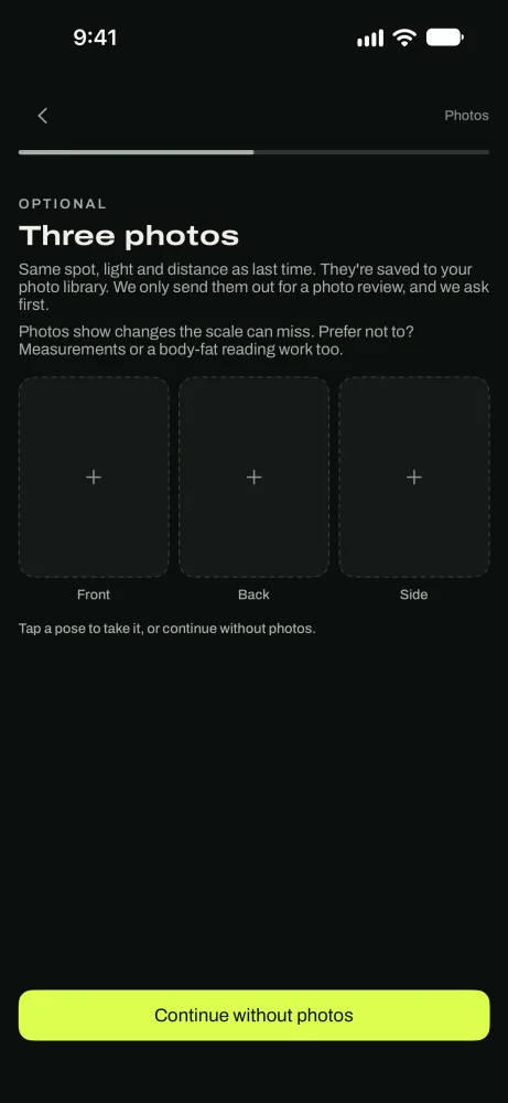 The progress photo screen with front, back and side poses.