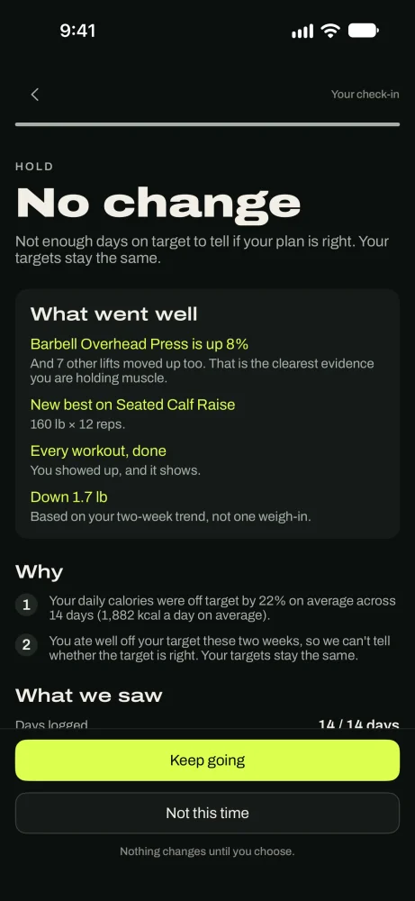 A check-in result proposing new daily calories, with Update my targets and Not this time buttons.