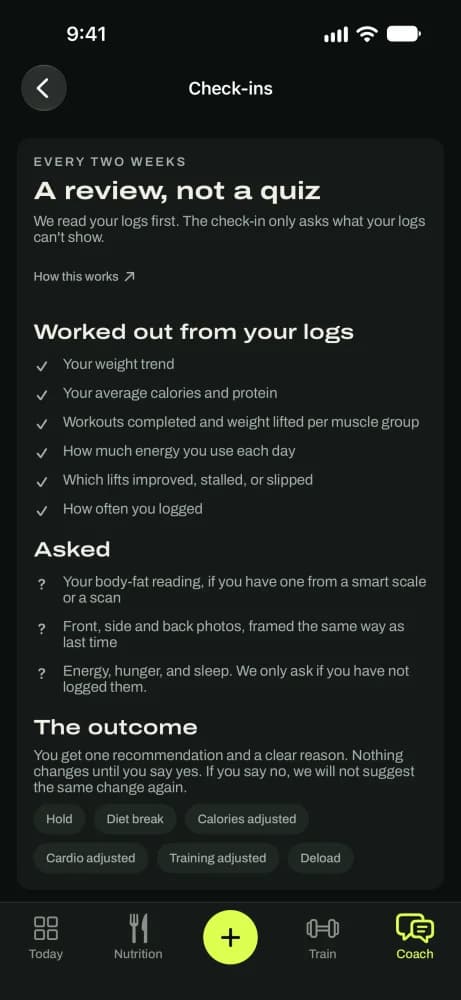 The Check-ins screen explaining what's worked out from your logs, what's asked, and what has changed so far.