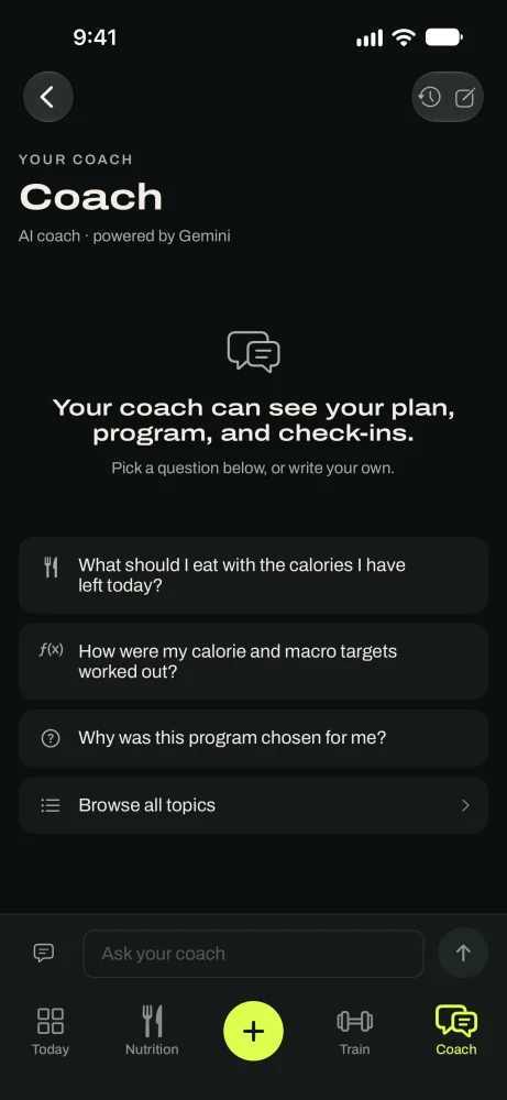 The coach's starter questions grouped by topic, such as what to eat with the calories left today.