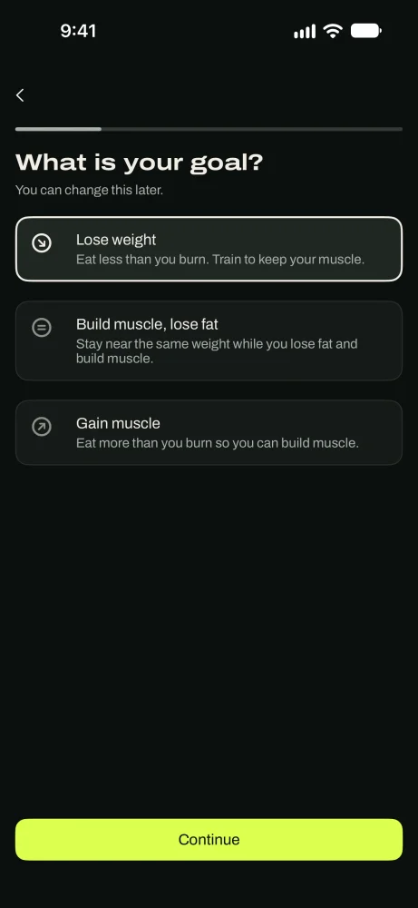The onboarding goal question with three choices: Lose weight, Build muscle, lose fat, and Gain muscle.