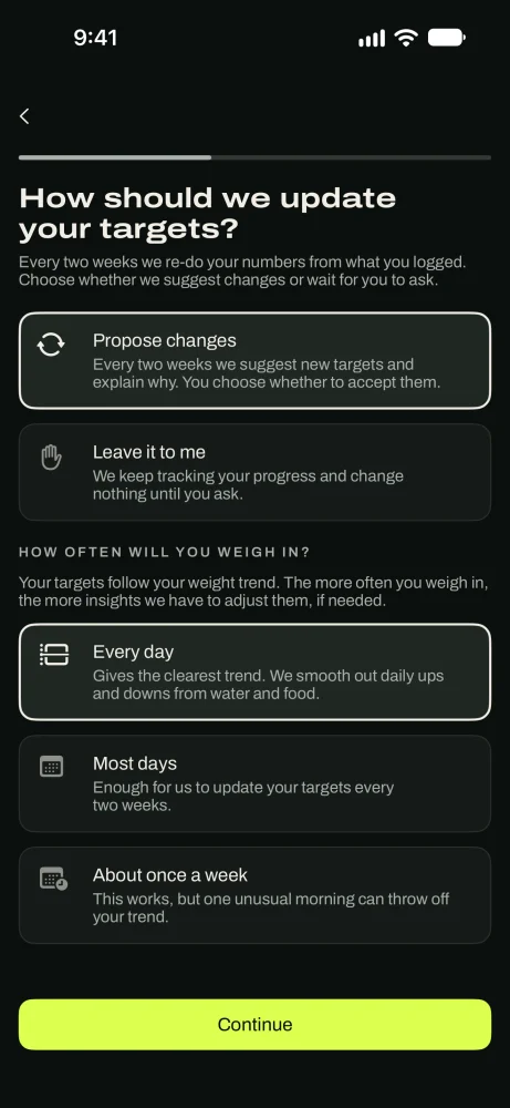 The coaching question with two options, Propose changes and Leave it to me, and a follow-up asking how often you'll weigh in.