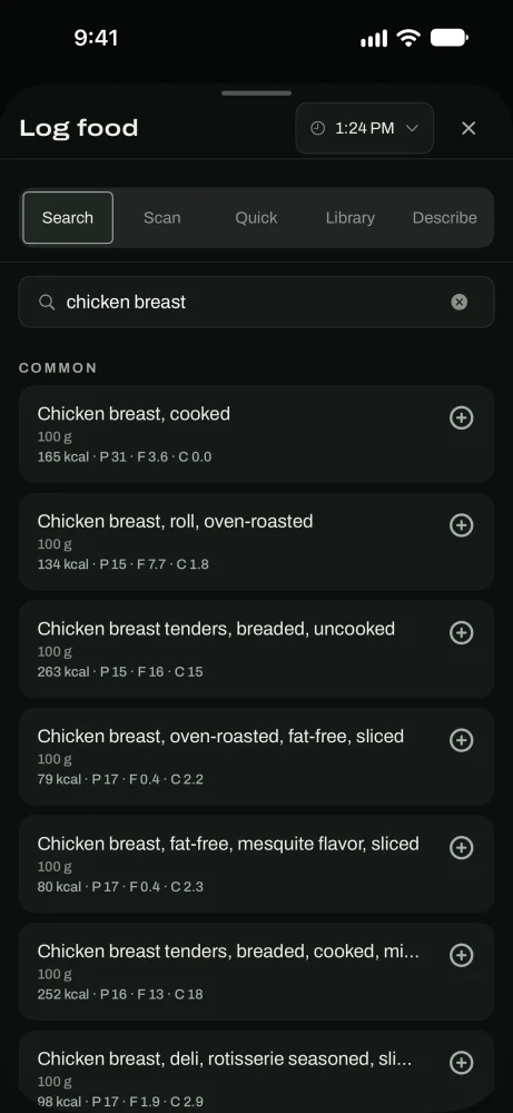The Log food sheet's Search tab with results for a typed food and Add to tray buttons.