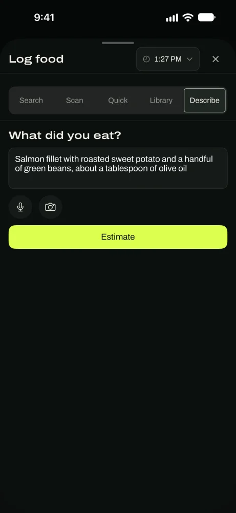 The Describe tab with a meal typed in plain words and an Estimate button.