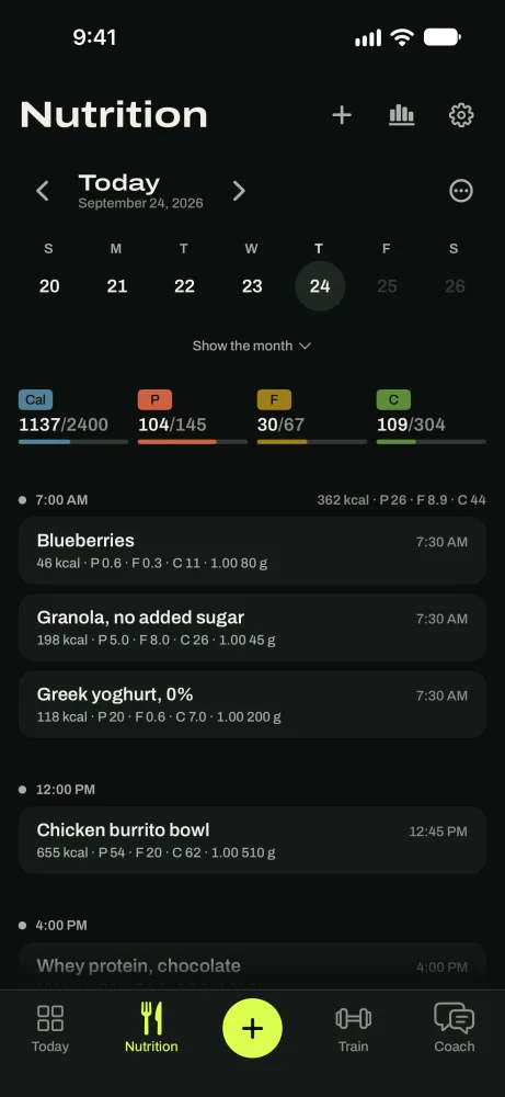 The Nutrition tab with calories, protein, fat and carbs against today's targets, over the day's logged foods.