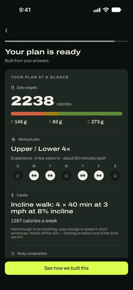 The Your plan is ready screen showing the workout program and daily targets built from onboarding answers.