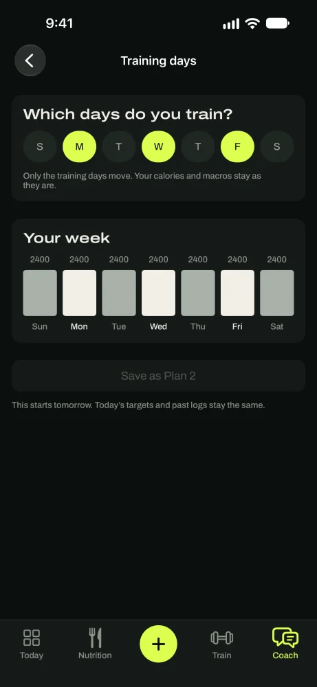 The Training days screen with the week's days selectable and a Save as Plan button.