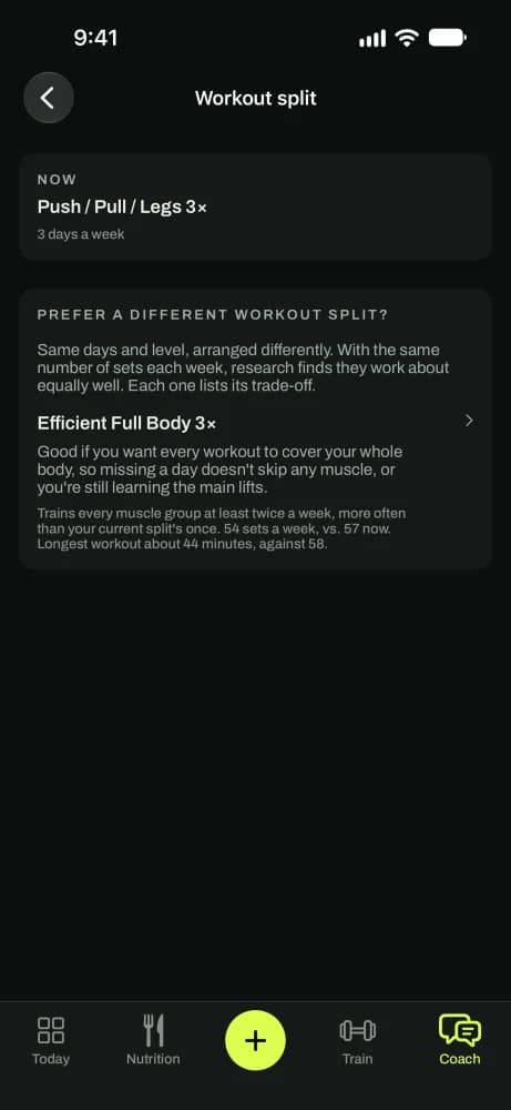 The Workout split screen showing the current split and alternatives, each with its trade-off.
