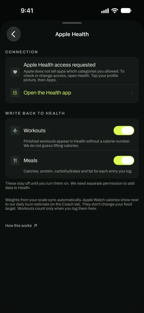 The Apple Health settings screen with the connection status and Write back to Health switches for Workouts and Meals.