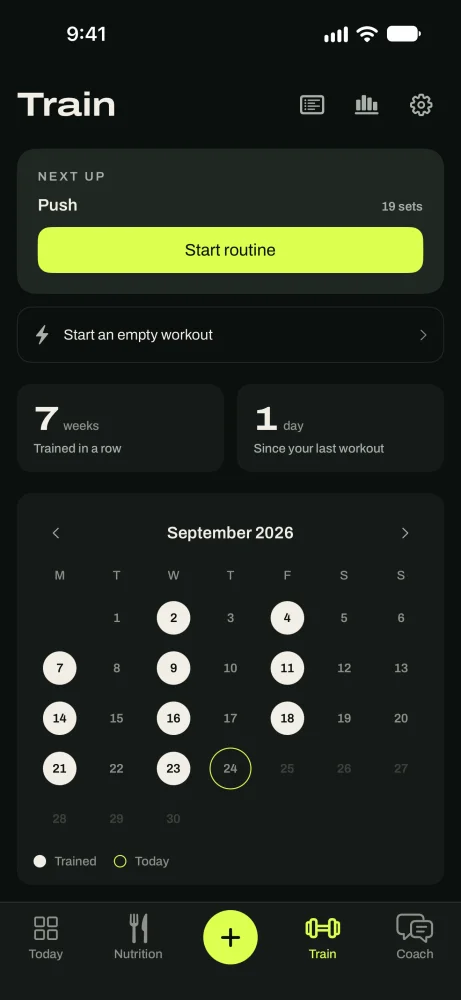 The Train tab with the next workout under Next up, a Start routine button, the weekly streak and a calendar of trained days.