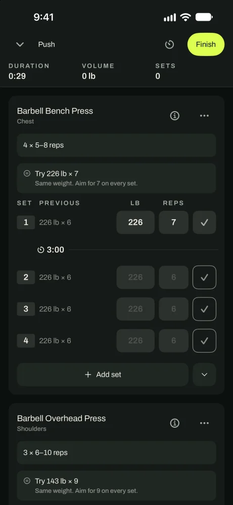 A workout in progress with sets logged, the Previous column showing last session's weight and reps, and the next set ready to check off.