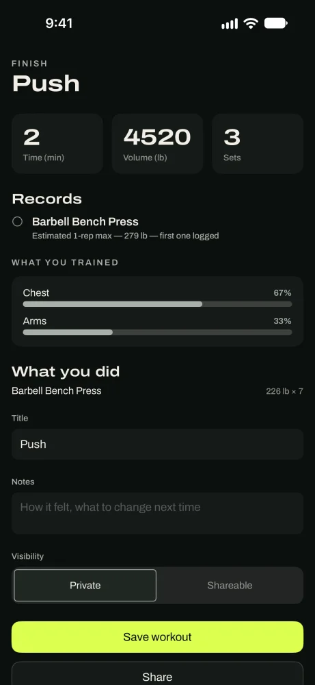 The finished workout summary with time, volume and sets, and a new record called out.