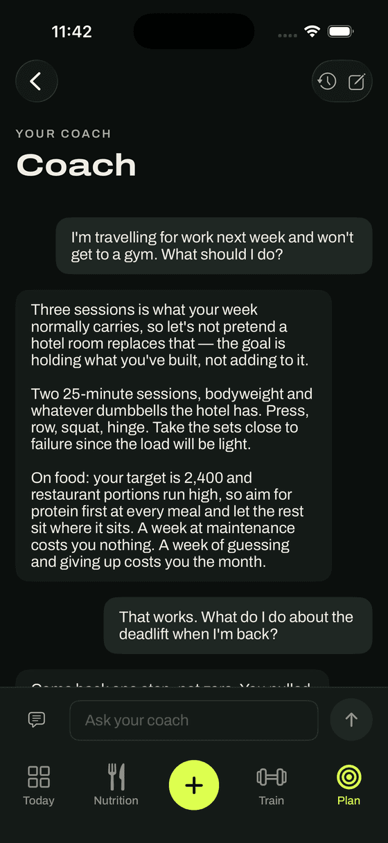 The GoodEnough coach answering a question about a week of work travel: two short hotel sessions, protein first at every meal, and a week at maintenance costing nothing.