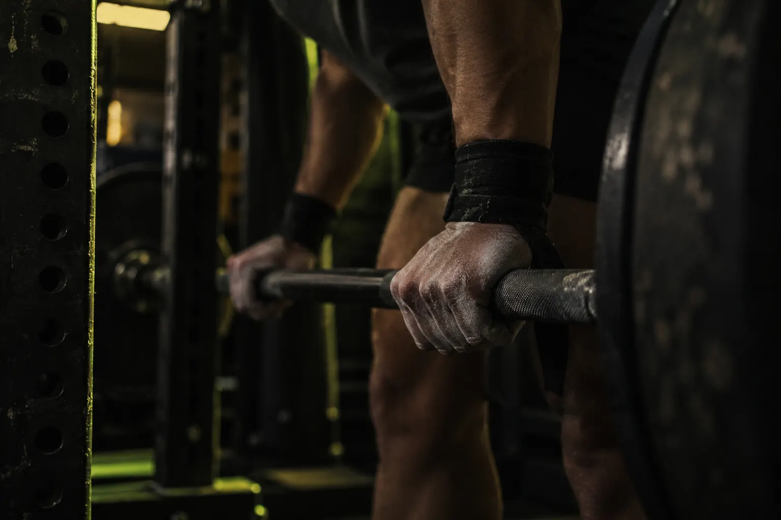 Chalked hands gripping a loaded barbell, wrists wrapped, just before a lift.
