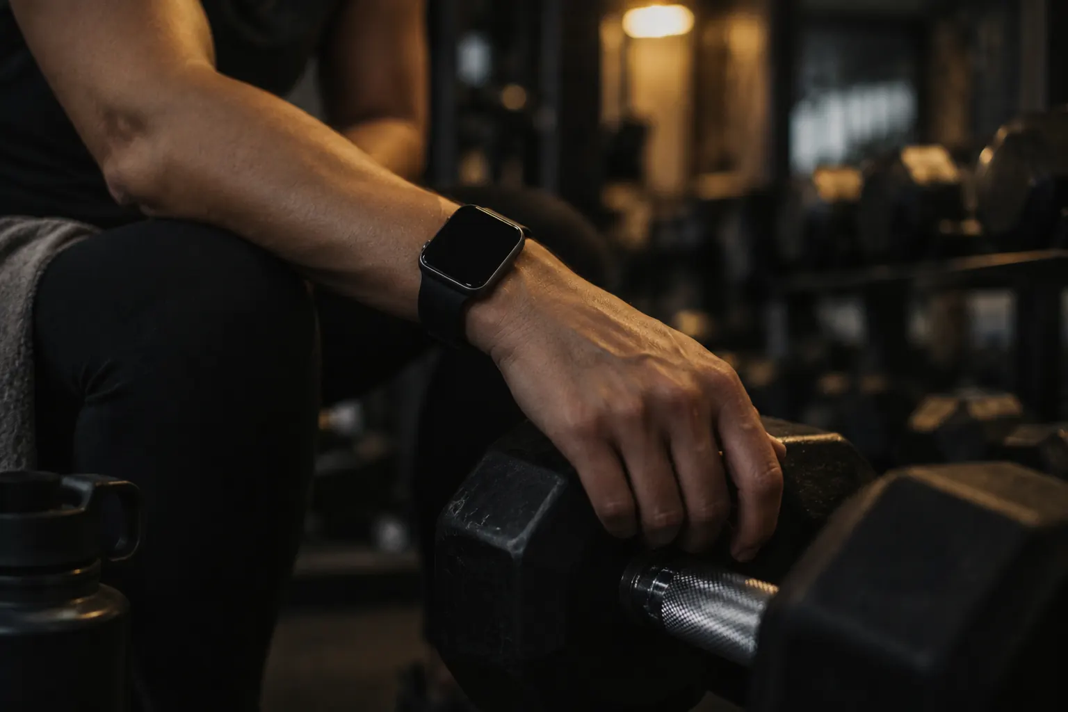 A lifter's wrist with a smartwatch, the hand resting on a dumbbell in a dim gym.