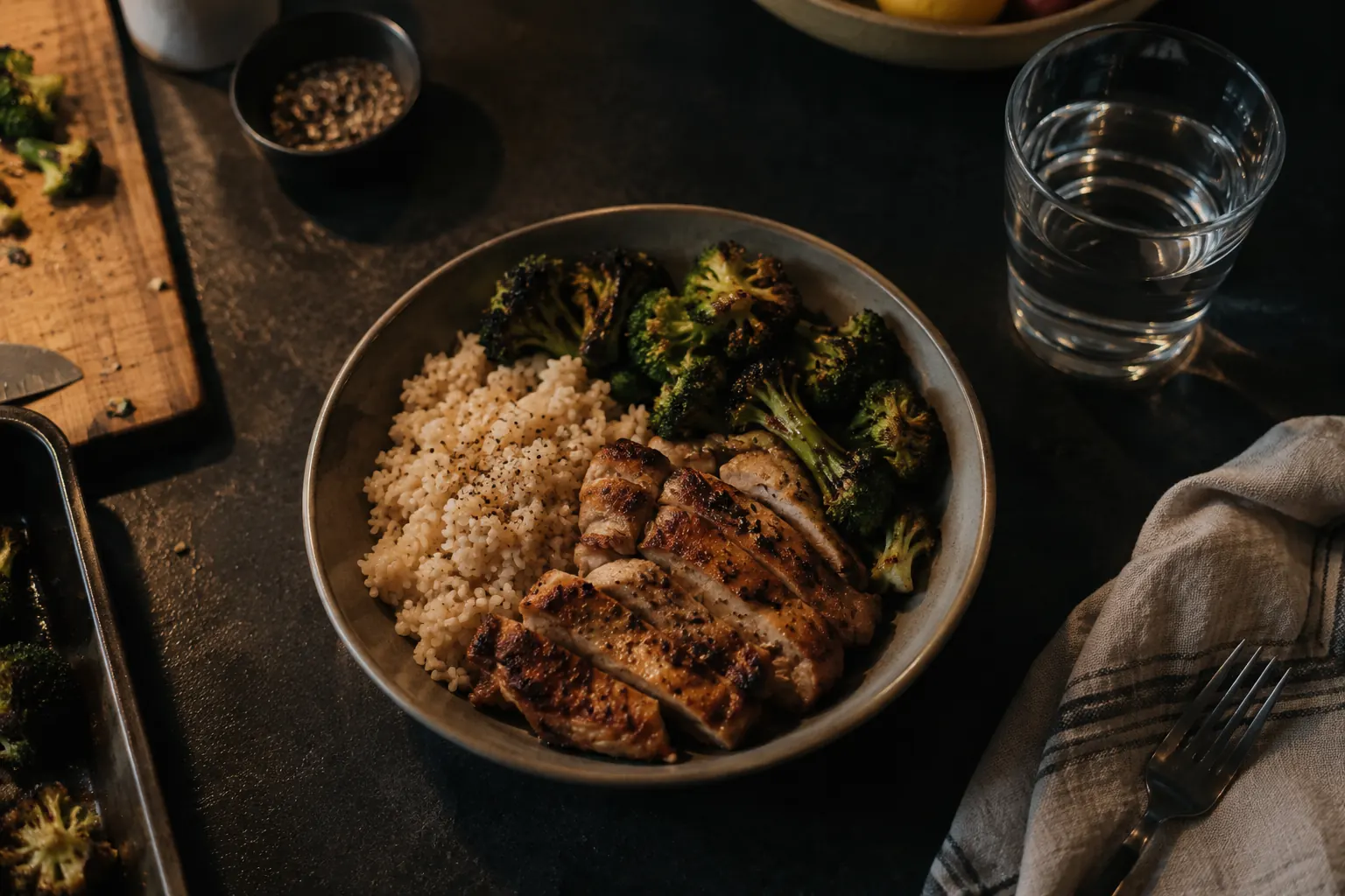 A weeknight dinner from above: sliced grilled chicken, rice and roasted broccoli in a bowl, with a glass of water.
