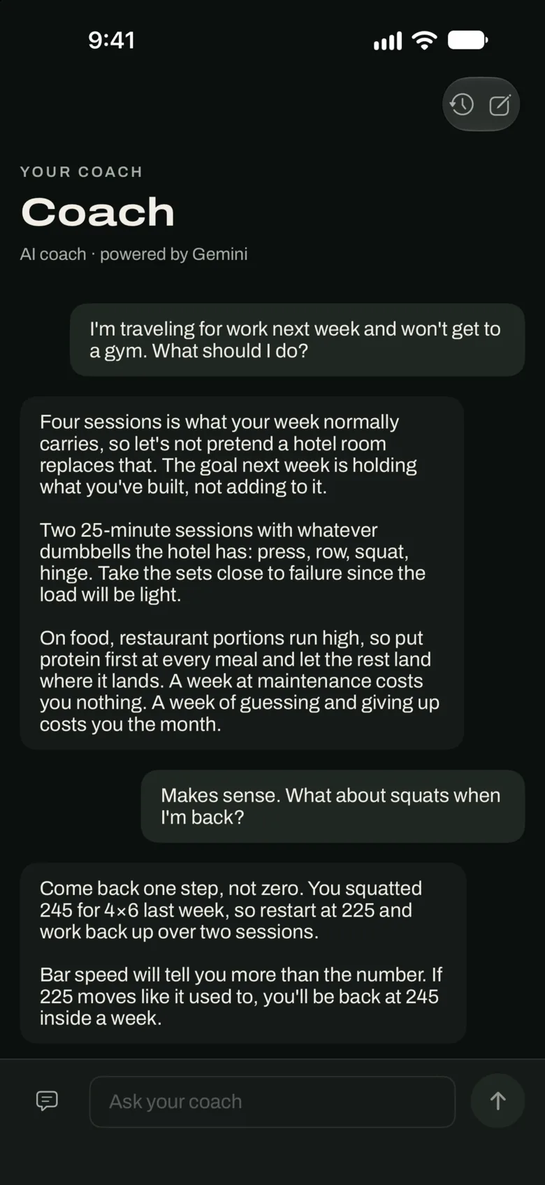 The Good Enough coach answering a question about a work trip with no gym: two 25-minute hotel sessions, protein first at restaurant meals, then how to return to squats at 225 pounds.