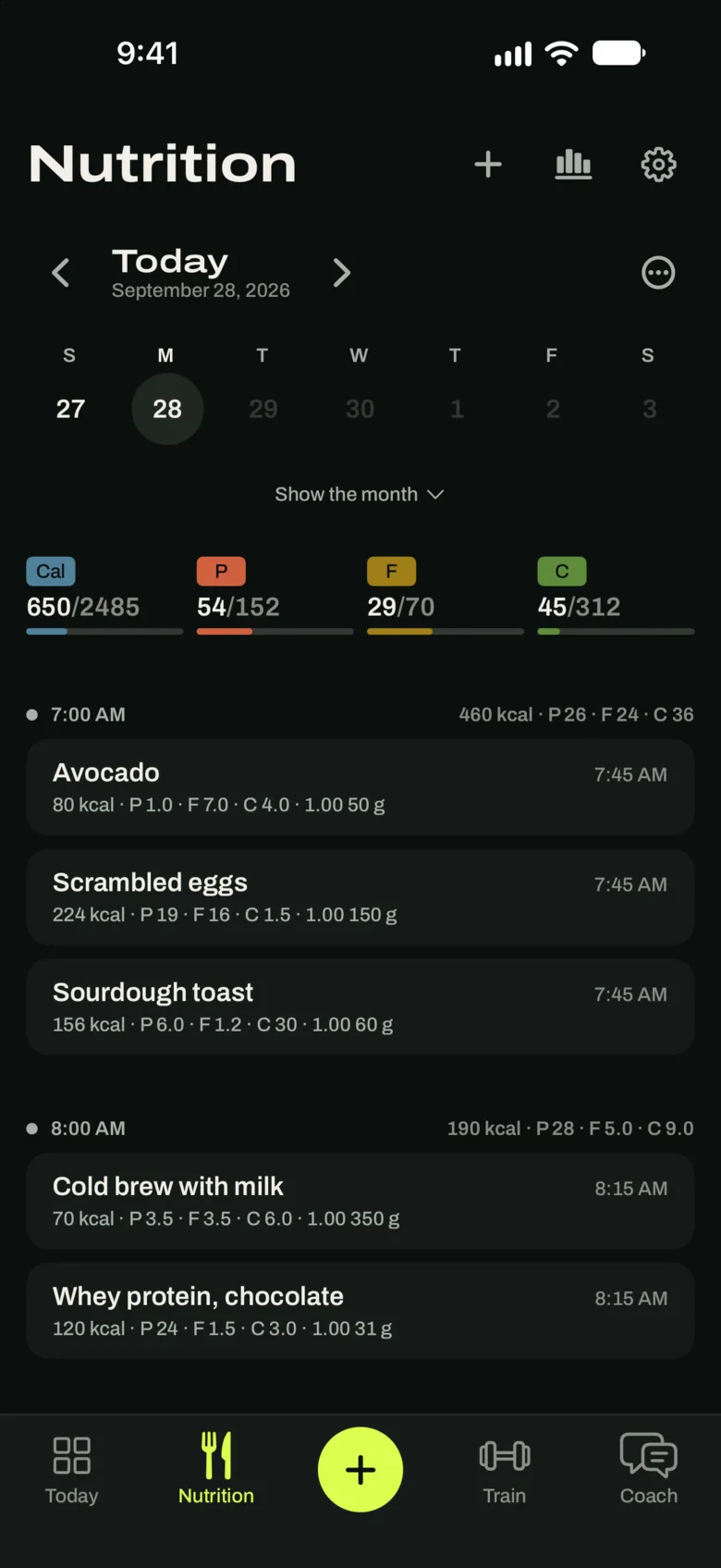 The Good Enough nutrition day: 650 of 2,485 calories and 54 of 152 grams of protein so far, over this morning's breakfast (avocado, scrambled eggs, sourdough toast, cold brew, a whey shake) with the macros for each item.