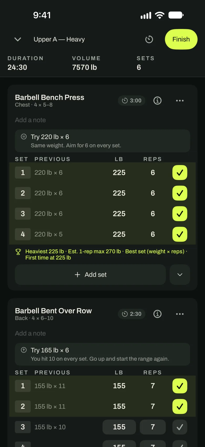 A workout in progress in Good Enough: four sets of barbell bench press at 225 pounds for 6 reps, each beside last time's 220-pound sets, a first-time-at-225 callout, and bent-over rows underway.