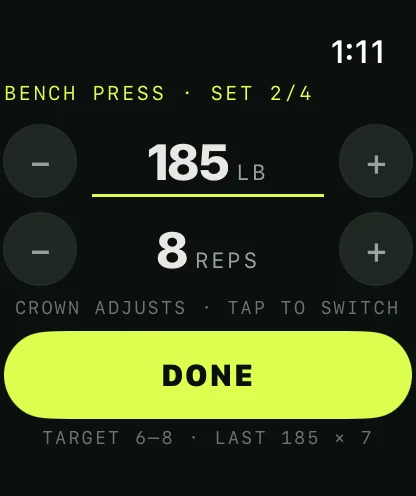 Good Enough on Apple Watch mid-workout: bench press, set 2 of 4, 185 pounds for 8 reps, with a Done button.