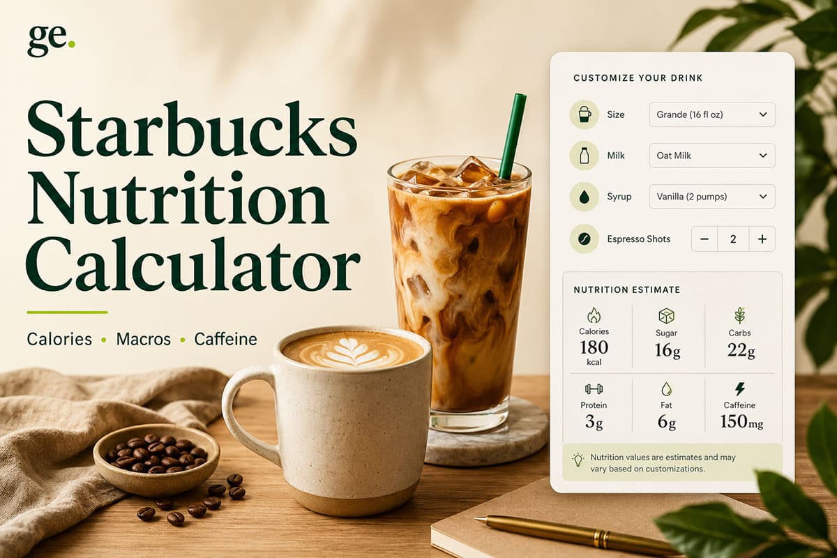 Starbucks Nutrition Calculator showing an iced latte and a customized drink's estimated calories, sugar, carbs, protein, fat and caffeine